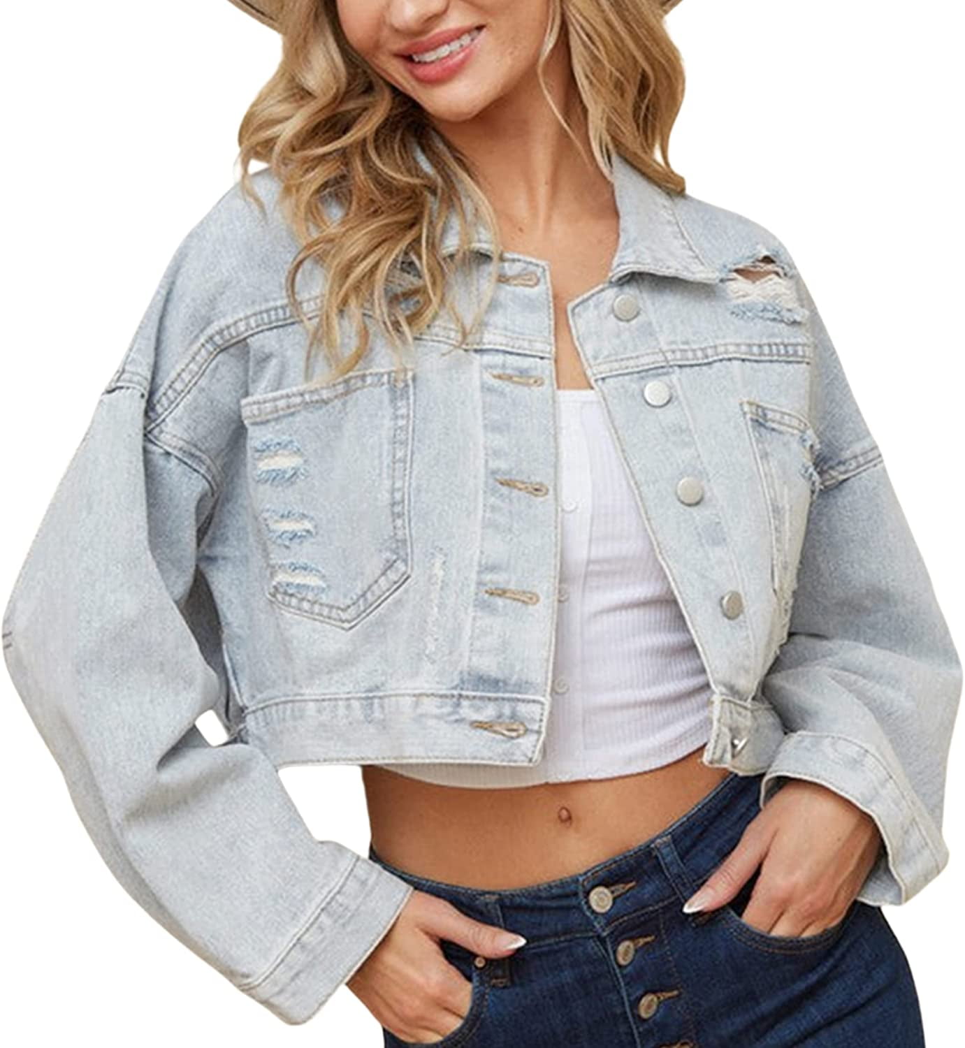 DanceeMangoos Women s Cropped Fringe Denim Jacket Long Sleeve Fashion Ripped Jean Jacket