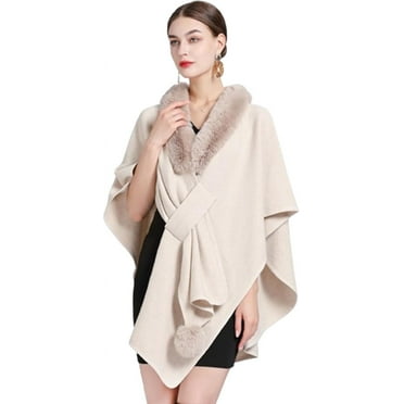 DanceeMangoos Women's Faux Fur Shawl Wrap Stole Knit Cardigan Cape Shawl Bridal Open Front Poncho Cloak Large Scarf Blanket Coat