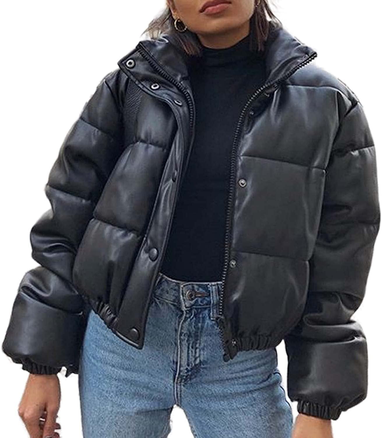  Women's Cropped Puffer Jacket Baggy Short Faux Leather