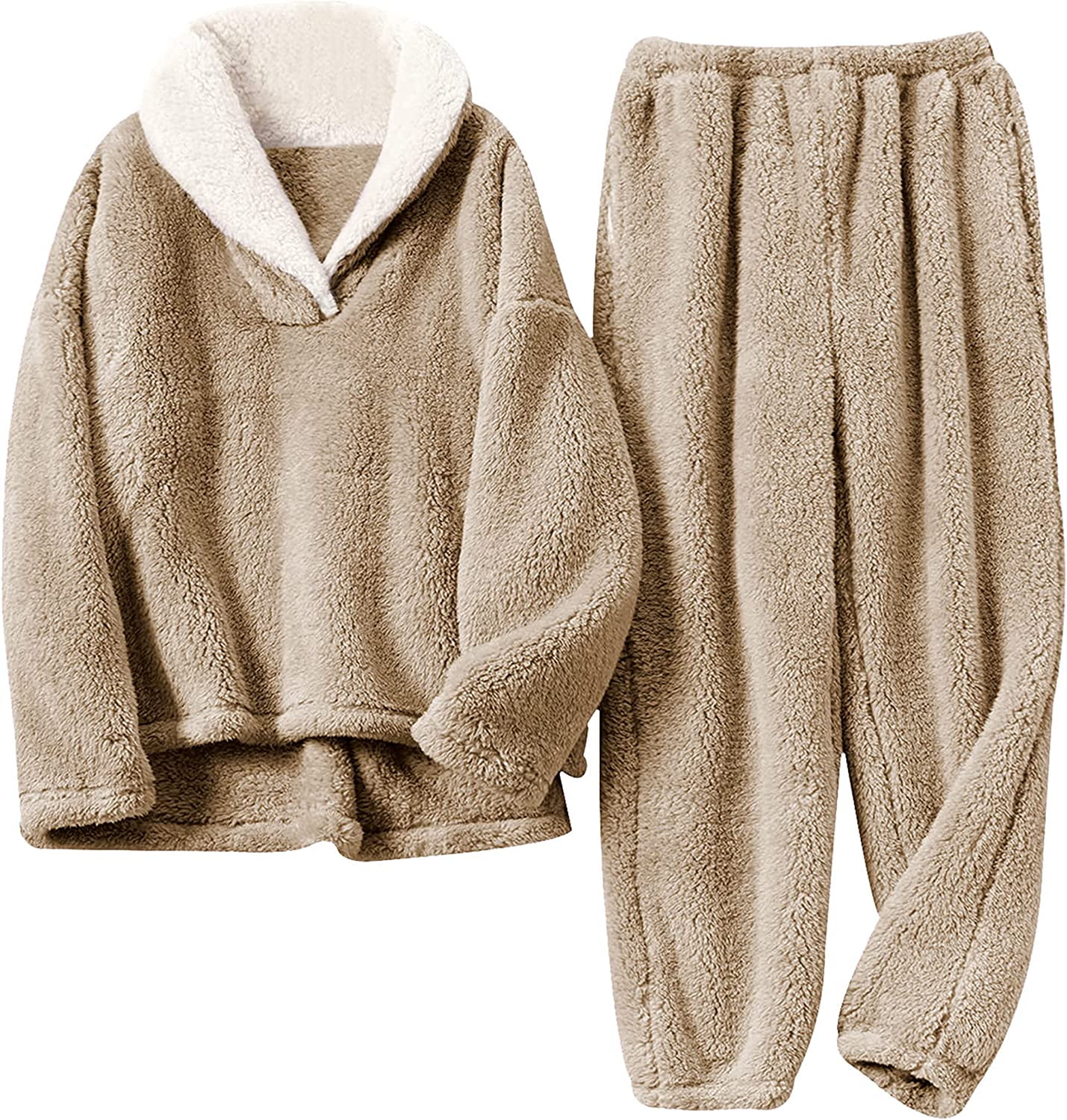 DanceeMangoos Women s Fleece Pajamas Sets Fluffy Sleepwear Warm Sherpa Pullover Pants with Pockets Walmart