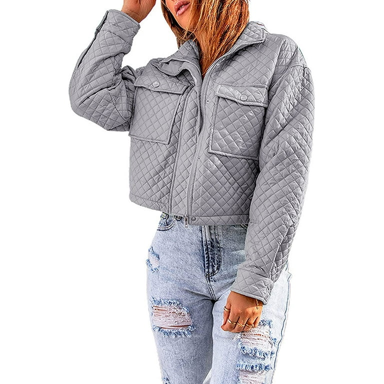 DanceeMangoos Women's Full Zip Long Sleeve Lightweight Crop Quilted Jacket  Coat