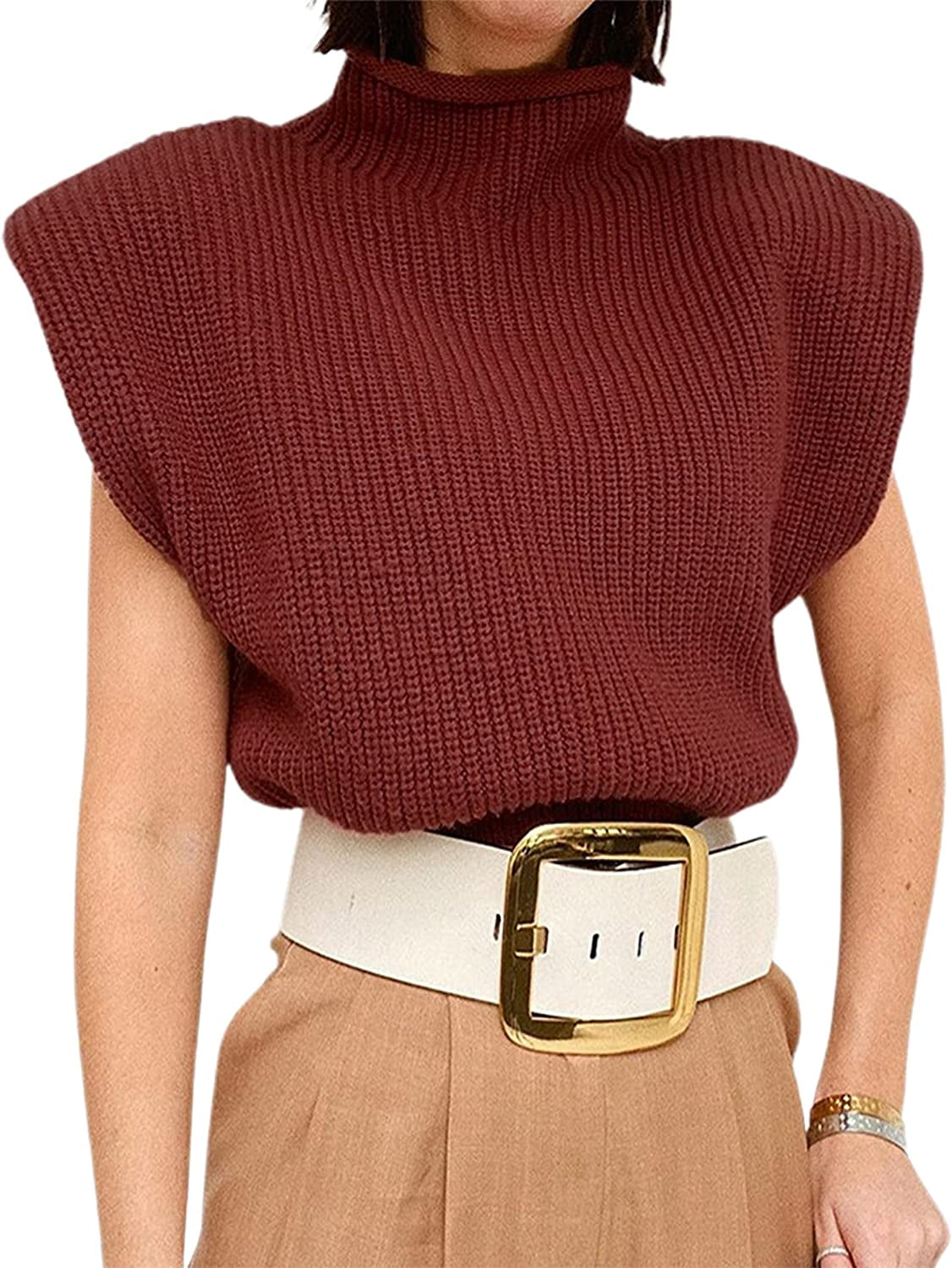 DanceeMangoos Women's High Neck Knit Sweater Vest Shoulder Pads Sleeveless  Ribbed Pullover Top