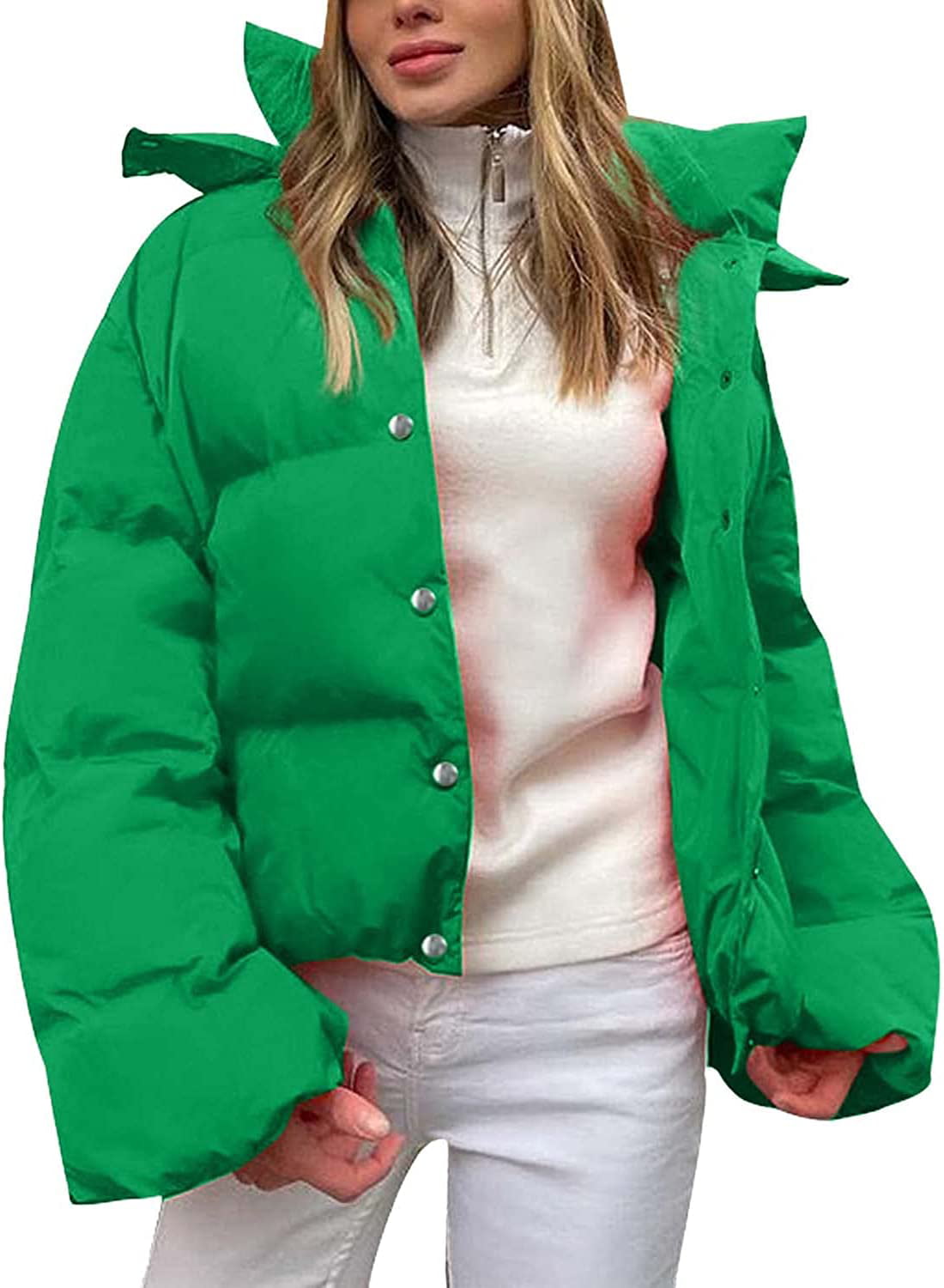 DanceeMangoos Women's Hooded Down Jacket Stand Collar Padded Puffer Jacket  Oversized Quilted Puffy Bubble Short Down Coat