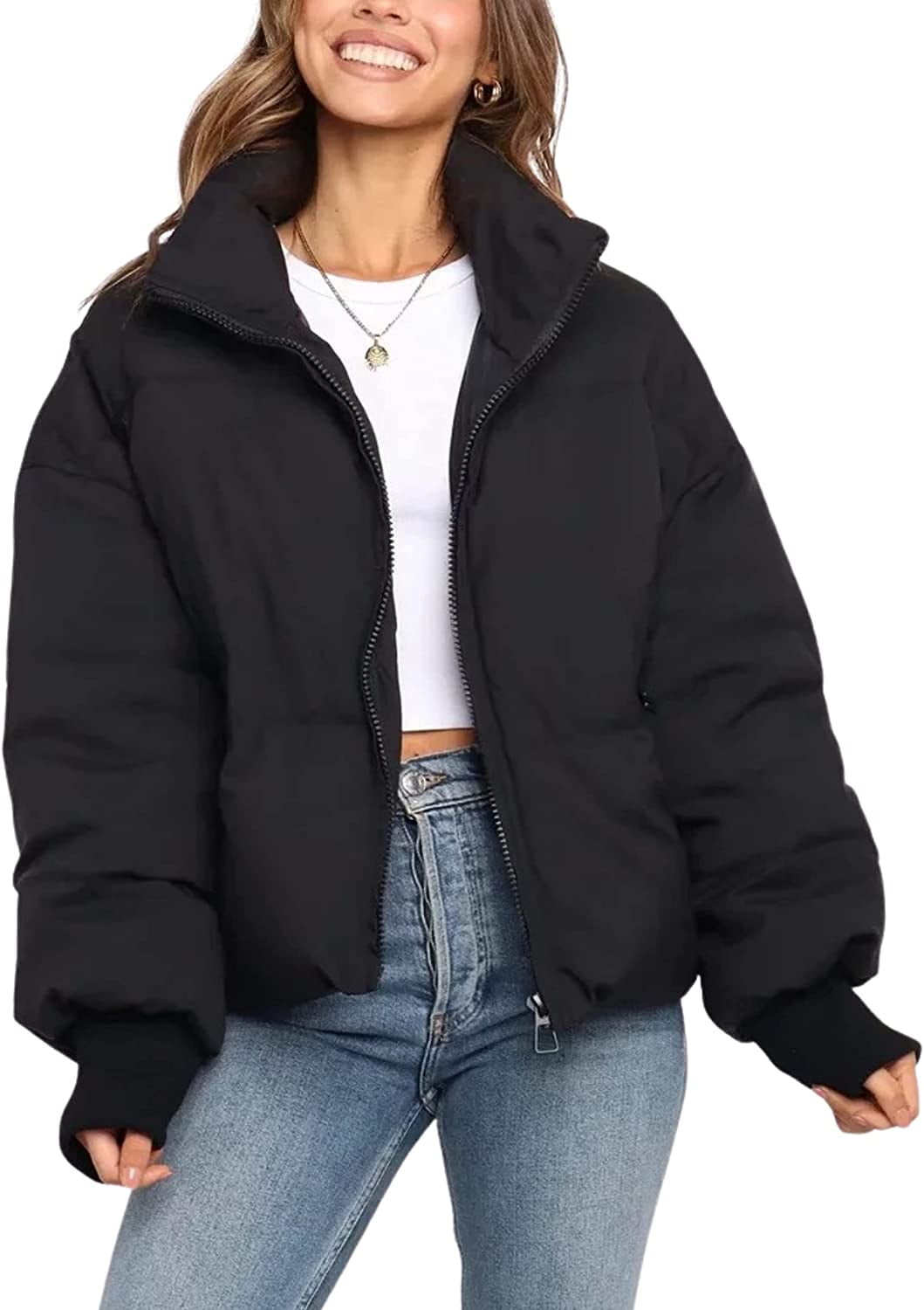 DanceeMangoos Women's Oversized Cropped Puffer Jacket Black Short Puffy  Winter Coats for Women - Walmart.com