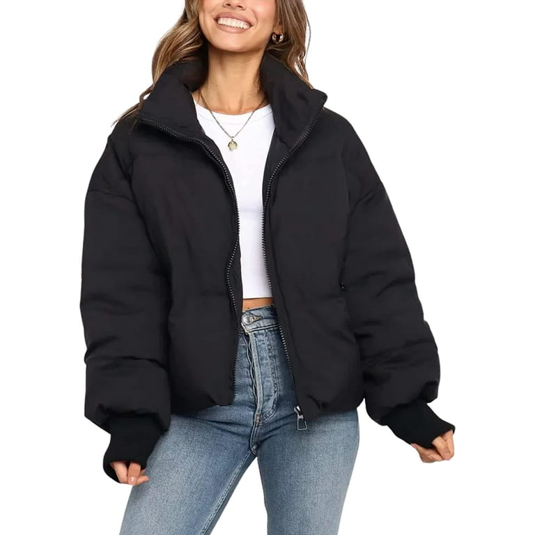 DanceeMangoos Women's Oversized Cropped Puffer Jacket Black Short Puffy  Winter Coats for Women 