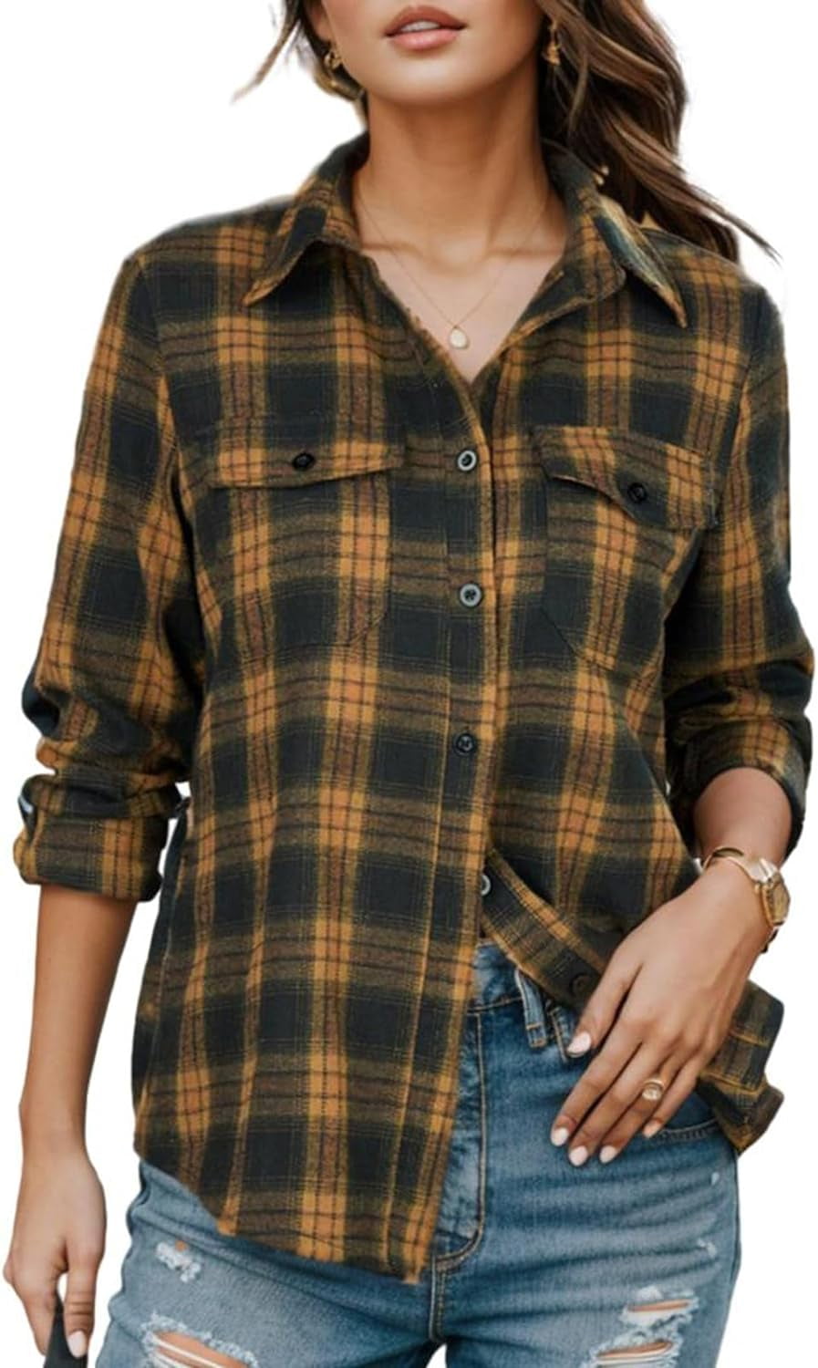 DanceeMangoos Women's Plaid Button Down Shirts Flannel Roll Up Long ...