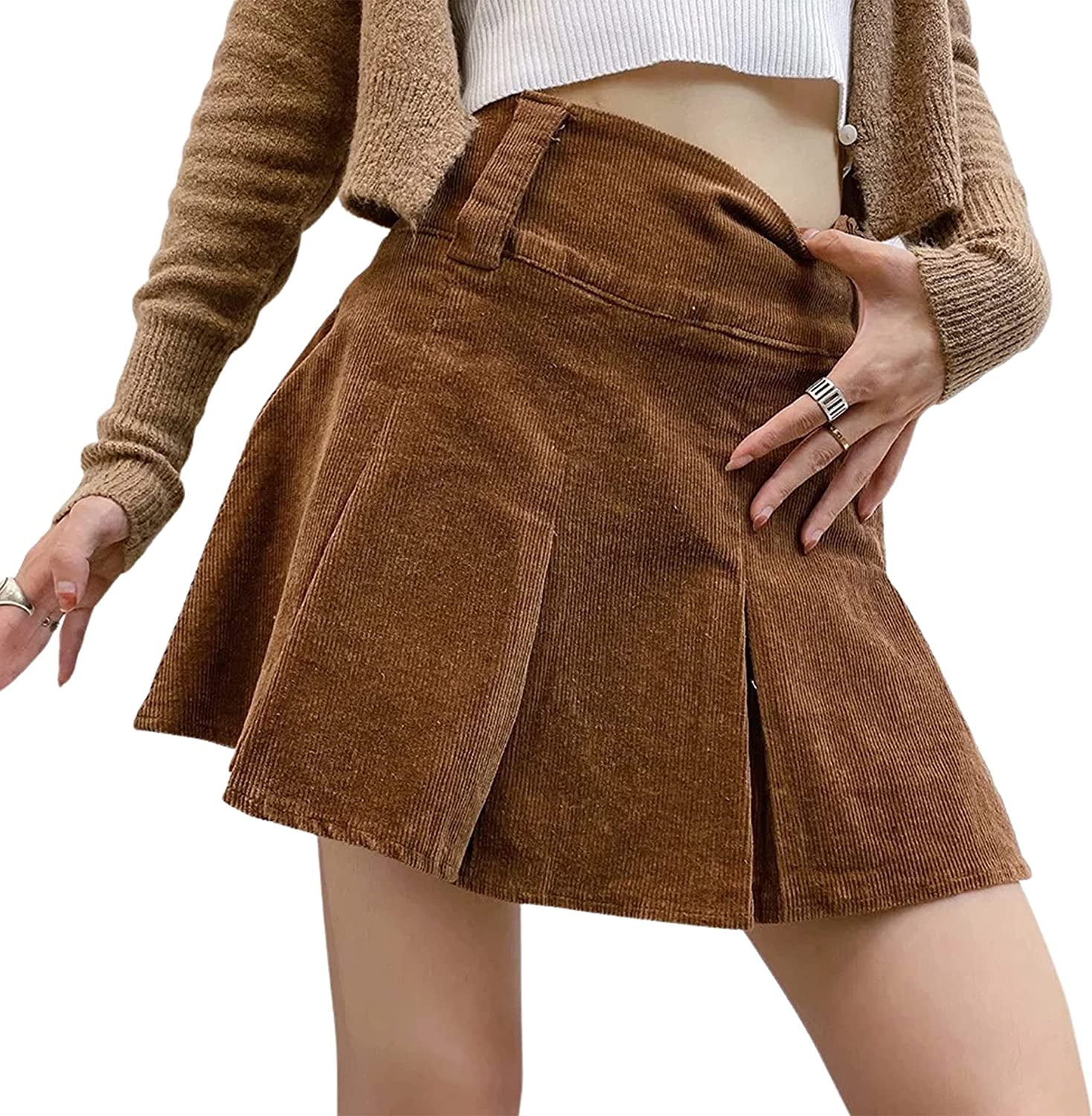 DanceeMangoos Women s Pleated Corduroy Skirt A Line High Waist Corduroy Mini Pleated Skirt Walmart
