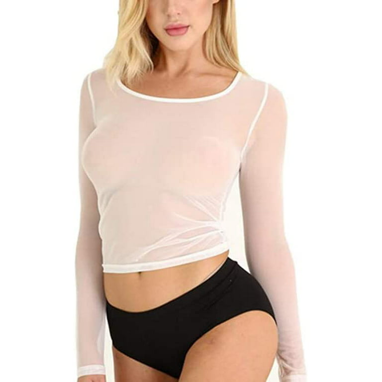 DanceeMangoos Women's Sexy Sheer See Through Mesh Tee Shirt Blouse Casual Crop  Top Cover Up Party Clubwear 