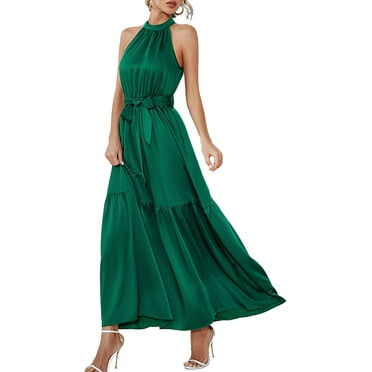 DanceeMangoos Women's Summer Casual Dresses Sleeveless Maxi Boho Sexy Halter Solid Color High Waist A-Line Belt Long Dress