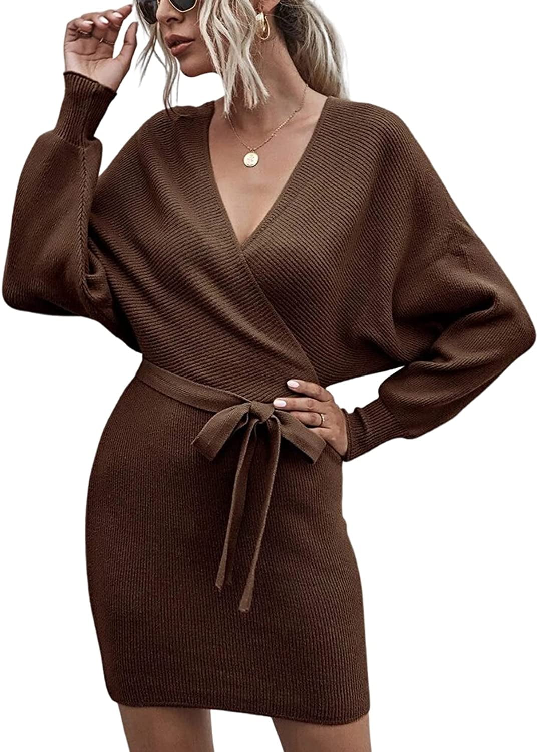 DanceeMangoos Women's V Neck Sweater Dresses Batwing Long Sleeve Sweater Casual Knit Mini Dress