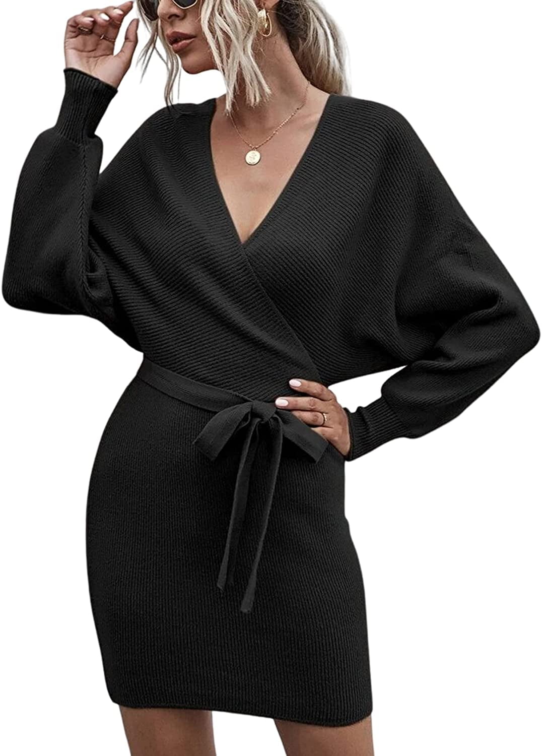 DanceeMangoos Women's V Neck Sweater Dresses Batwing Long Sleeve