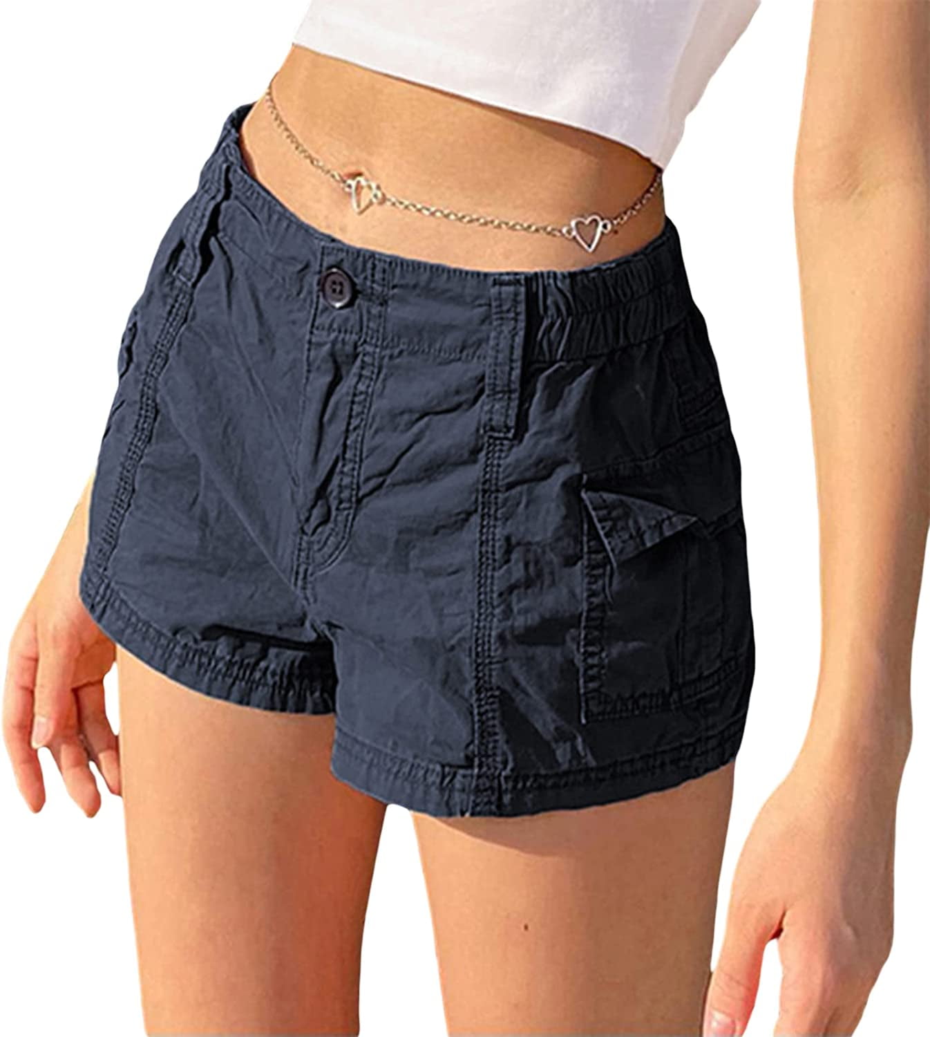 DanceeMangoos Women's Y2K Cargo Shorts Low Waist Vintage Pants Slim Fitted  Harajuku Short Pants Streetwear with Pockets 
