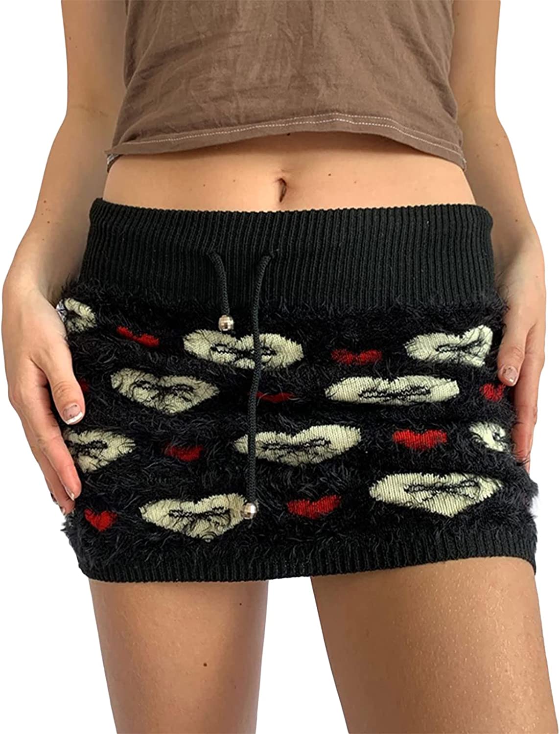 DanceeMangoos Women's Y2K Knitted Mini Skirt Graphic Print Low Waist