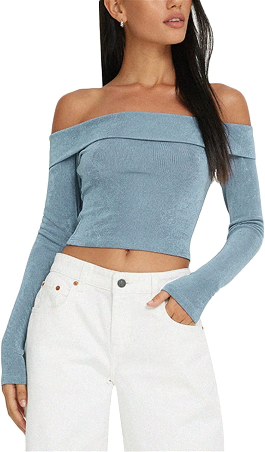 wybzd Women Mesh Solid Color Off-the-shoulder Flare Sleeve Ruched T-shirt  Crop Tops S-L