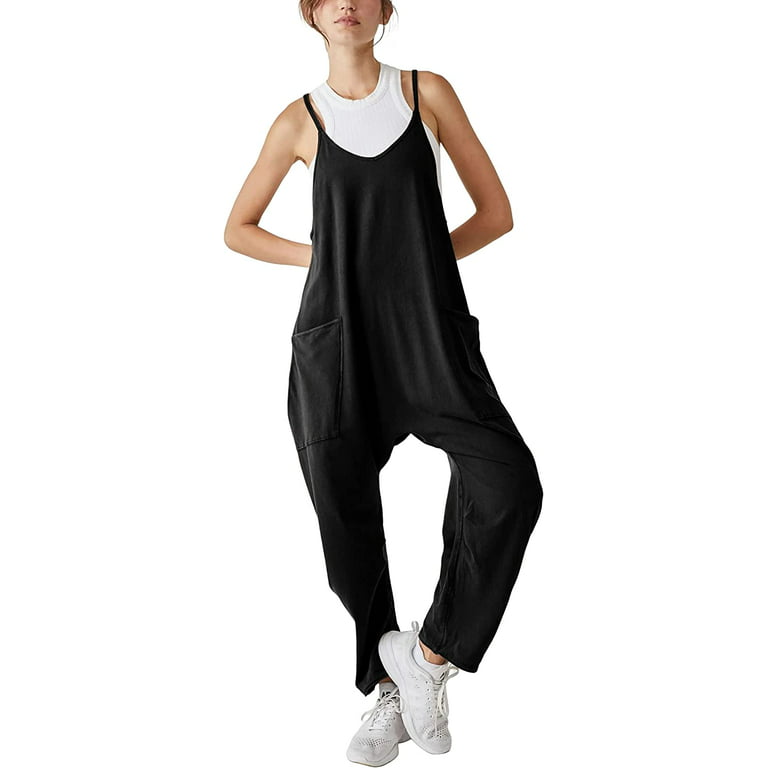 DanceeMangoos Womens Harem Jumpsuits Black Baggy Overalls Cotton Linen  Loose Fit Jumpers with Big Pockets 