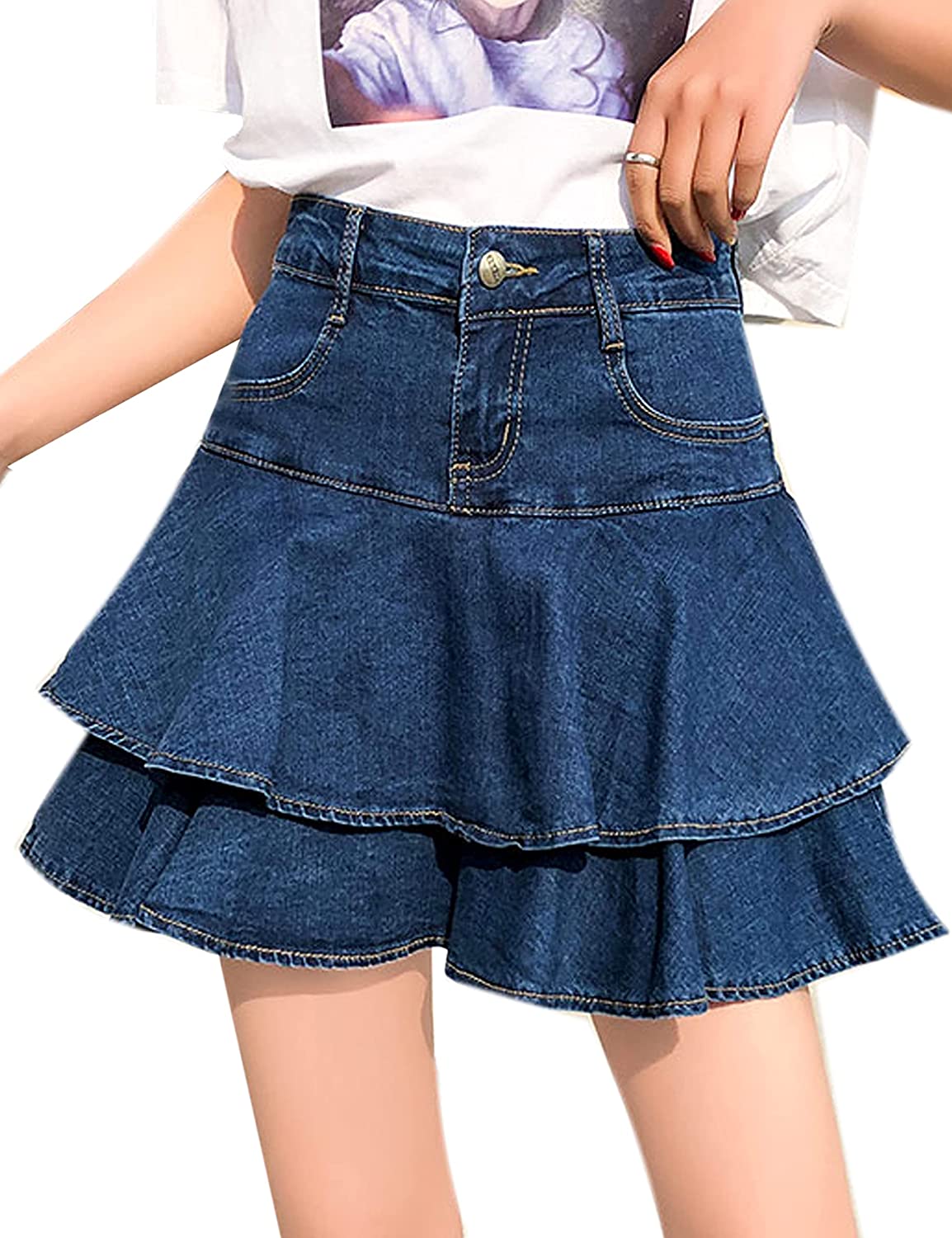 DanceeMangoos Womens Jean Skirt Y2K High Waist A-Line Ruffle Pleated Denim  Mini Skirt