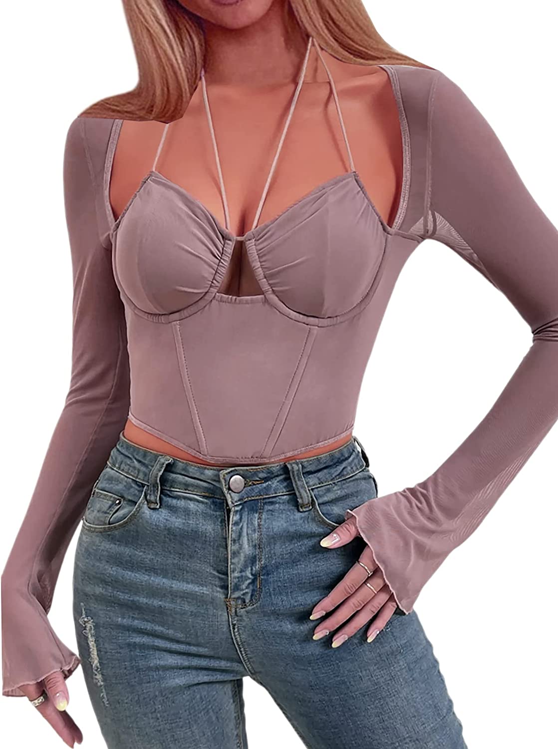 DanceeMangoos Womens Long Sleeve Corset Top Sexy Mesh Sheer Crop Tops Going Out Party Clubwear - image 1 of 7