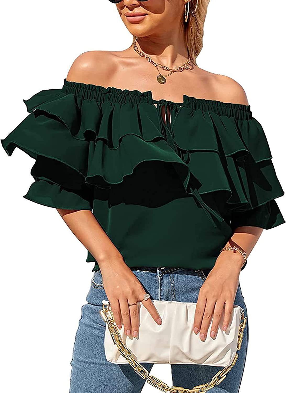 Thrust alliance Ombord DanceeMangoos Womens Off Shoulder Layered Top Solid Ruffle Sleeve Chiffon  Smocked Blouse Shirts - Walmart.com