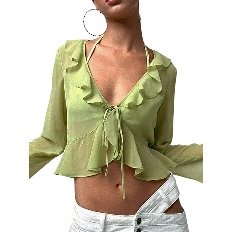 Women's Long Sleeve Blouses Tie Neck Lantern Sleeve Ruffle Trim Top Regular  Fit Shirt for Work : : Clothing, Shoes & Accessories