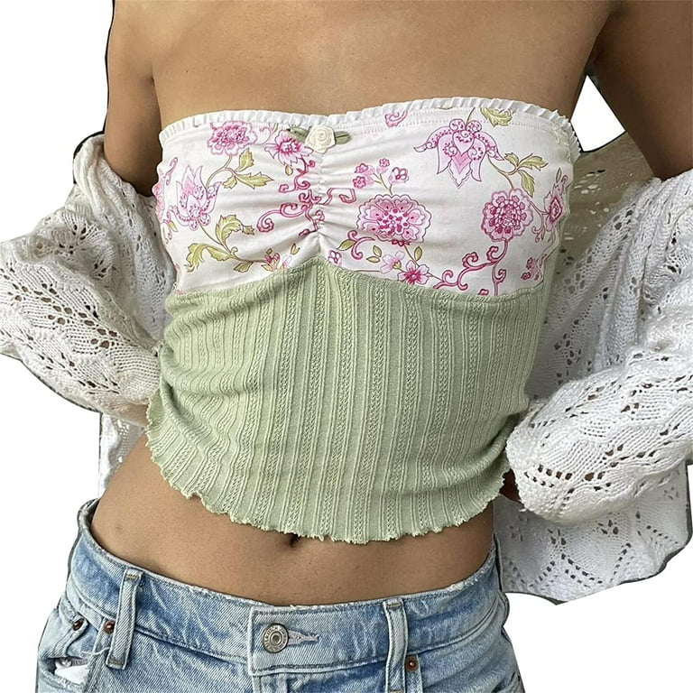 DanceeMangoos Y2K Clothing Sexy Sheer Lace Strapless Tube Crop Tops Fairy  Grunge Coquette Aesthetic Clothes Summer Bandeau Vest