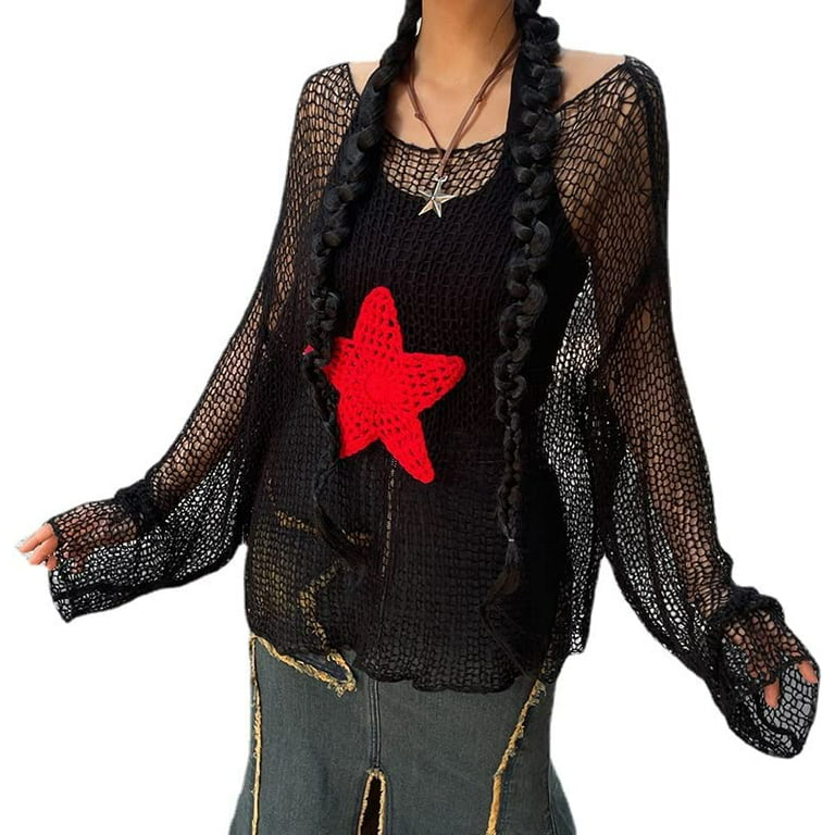 DanceeMangoos Y2k Tops Fairy Grunge Crochet Tops for Women Y2k Long Sleeve Top  Y2k Aesthetic Top Crochet Crop Top 