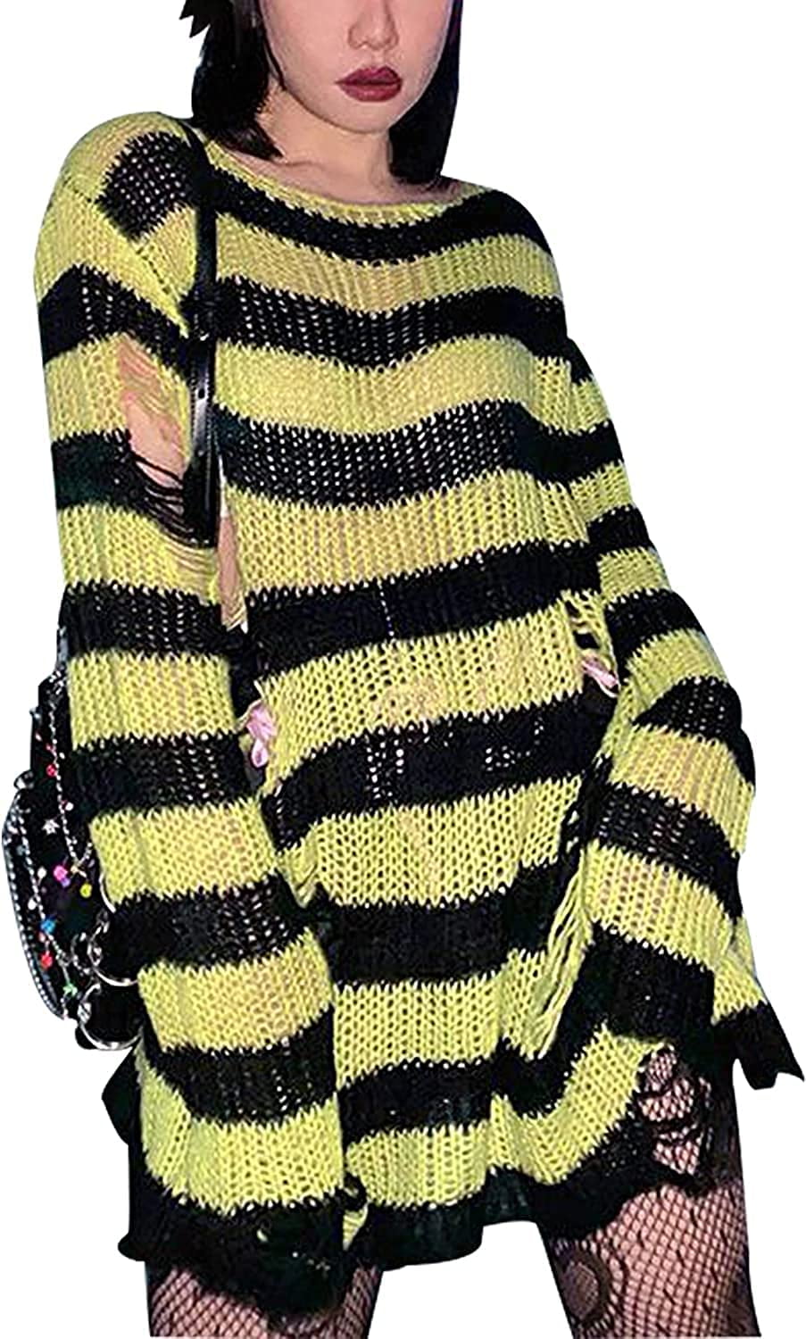 DanceeMangoos Y2K Goth Distressed Striped Sweater Oversized Fairy Grunge  Ripped Knit Pullover Rave Punk Emo Crochet Tops