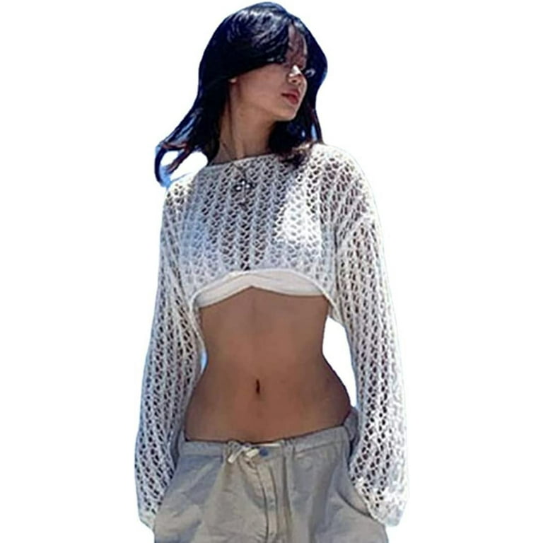 DanceeMangoos Y2k Tops Fairy Grunge Crochet Tops for Women Y2k Long Sleeve  Top Y2k Aesthetic Top Crochet Crop Top