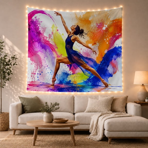 Dancer in a Cobalt Dress Among Rainbow Paint, Playful Abstract Art for Dance Lovers, Performing Arts Decor, Graduation Gift, Tapestry Wall Hanging for Bedroom and Studio