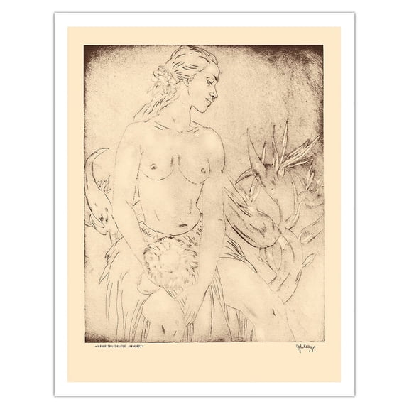 Dancer Hawaii - Topless Native Girl - from Etchings and Drawings of Hawaiians - Vintage Drypoint Etching by John Melville Kelly c.1942 - Fine Art Matte Paper Print (Unframed) 11x14in