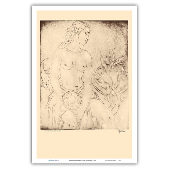 Dancer Hawaii - Topless Native Girl - from Etchings and Drawings of Hawaiians - Vintage Drypoint Etching by John Melville Kelly c.1942 - Master Art Print (Unframed) 12in x 18in
