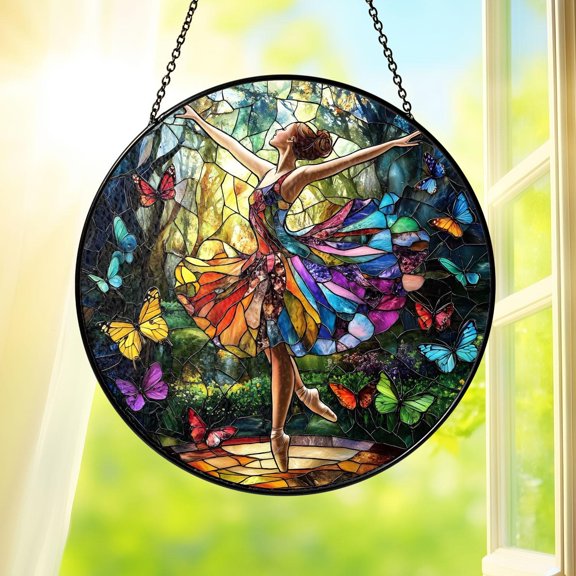 Dancer Stained Glass Suncatcher Ballet Girl Butterflies Colorful Window Hanging Home Decor Ornament