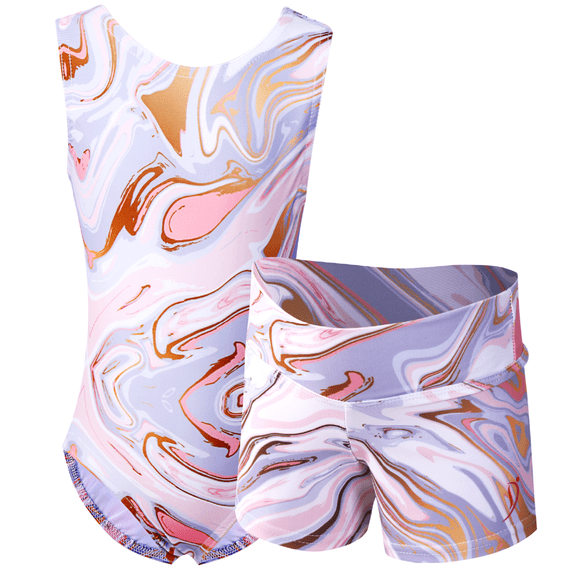 Girls Gymnastics Leotard with Shorts, Marble Print, Stretch Athletic Outfit for Gymnastics Practice & Training