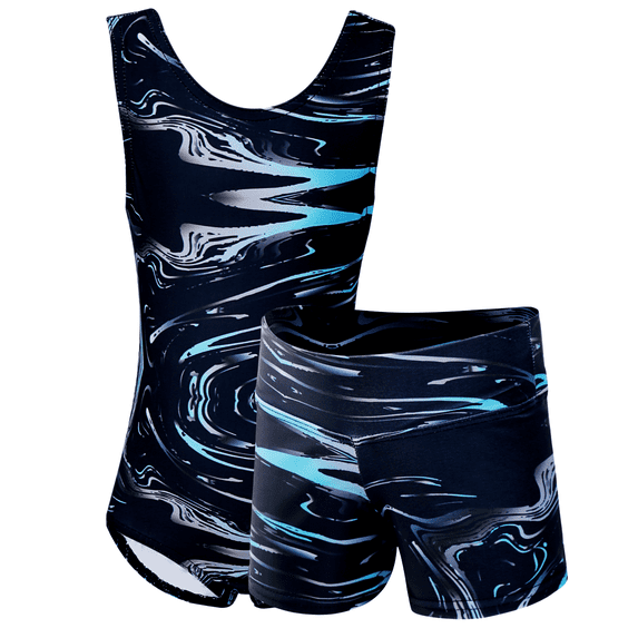 Girls Gymnastics Leotard with Shorts, Marble Print, Stretch Athletic Outfit for Gymnastics Practice & Training