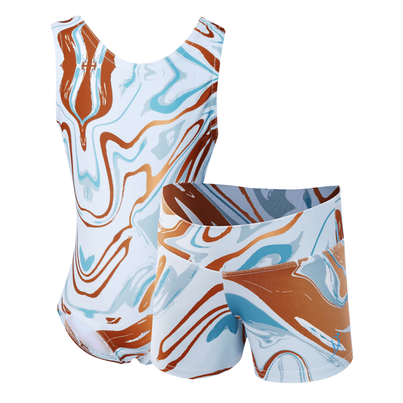 Girls Gymnastics Leotard with Shorts, Marble Print, Stretch Athletic Outfit for Gymnastics Practice & Training
