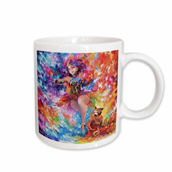 3drose, Dancing Abstract Girl and Her Cat. a Mix of Vibrant Colors Funny Gift, 15oz Mug
