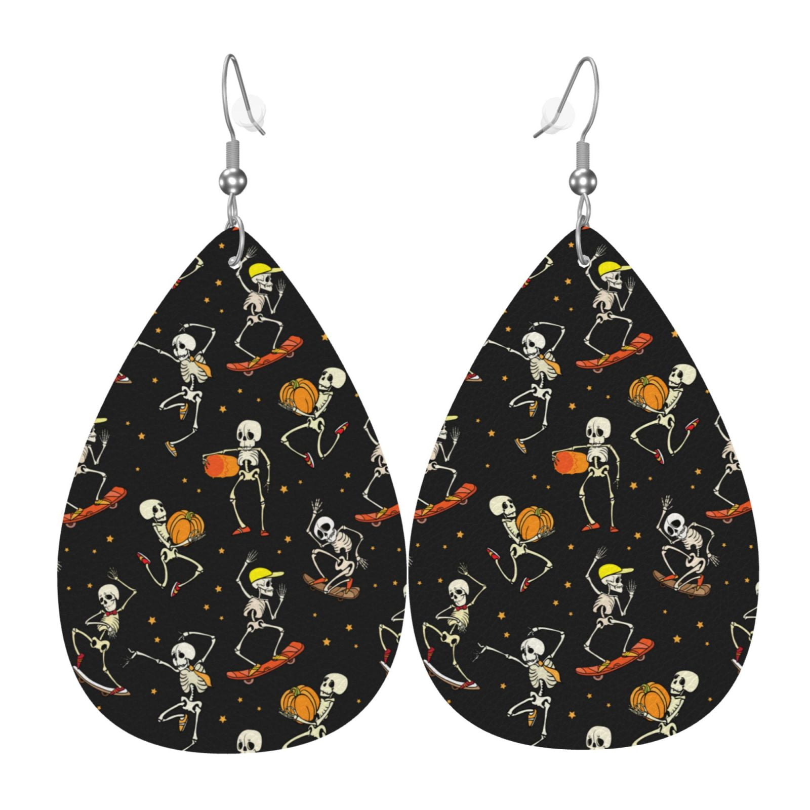 Dancing And Skateboarding Skeletons Leather Earrings For Women Faux