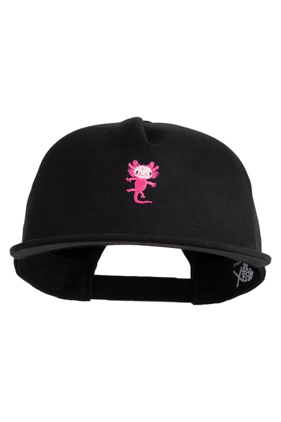 Dancing Axolotl Embroidered 5 Panel Cotton High Profile Flat Bill Unstructured Cap - Black OSFM