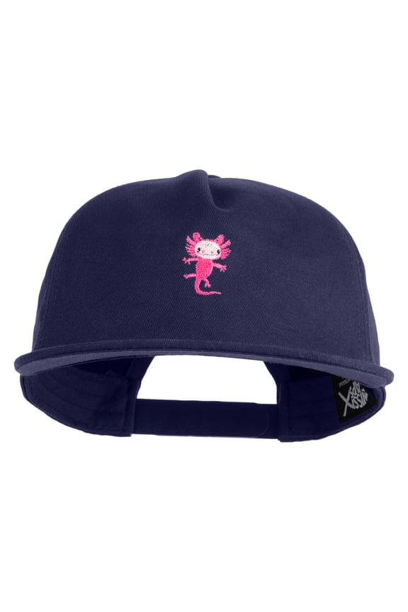 Dancing Axolotl Embroidered 5 Panel Cotton High Profile Flat Bill Unstructured Cap - Navy OSFM