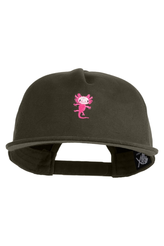 Dancing Axolotl Embroidered 5 Panel Cotton High Profile Flat Bill Unstructured Cap - Olive OSFM