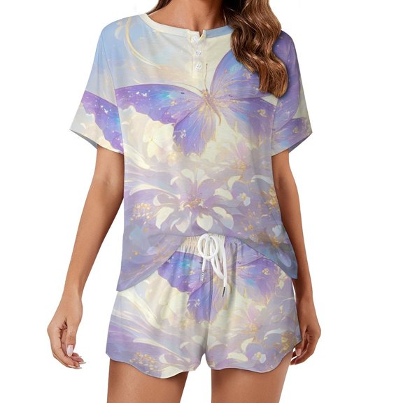 Dancing Butterflies Women's Ruffle Short Sleeve Tops And Shorts Cute Peeps Bunny Pajamas Sets