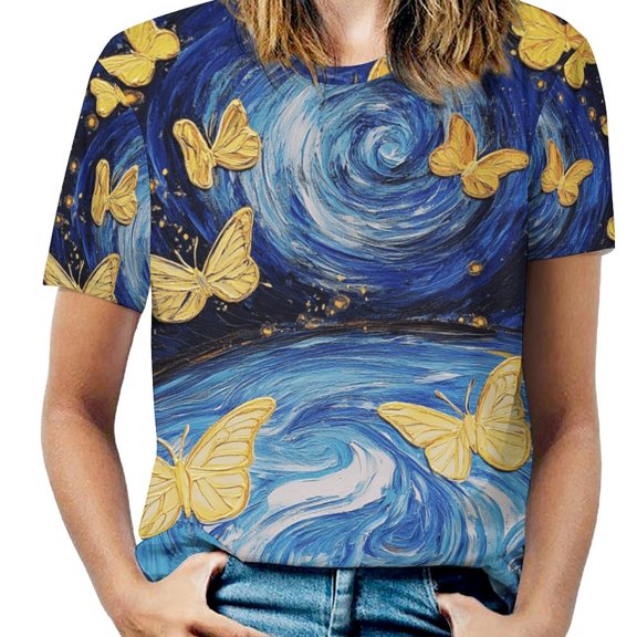Dancing Butterflies Womens Tops Women's Fashion Casual Short Sleeve Flower Print Round Neck Pullover Top Blouse