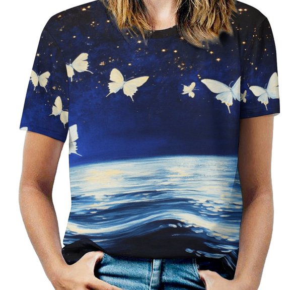 Dancing Butterflies Womens Tops Women's Fashion Casual Short Sleeve Flower Print Round Neck Pullover Top Blouse