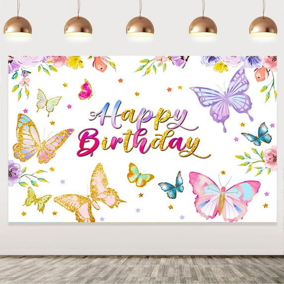 Dancing Butterfly Theme Happy Birthday Background Cloth with Beautiful Flower Glittering Colorful Butterfly Print for Girl 5th 6th 7th Birthday Party Decoration Supplies