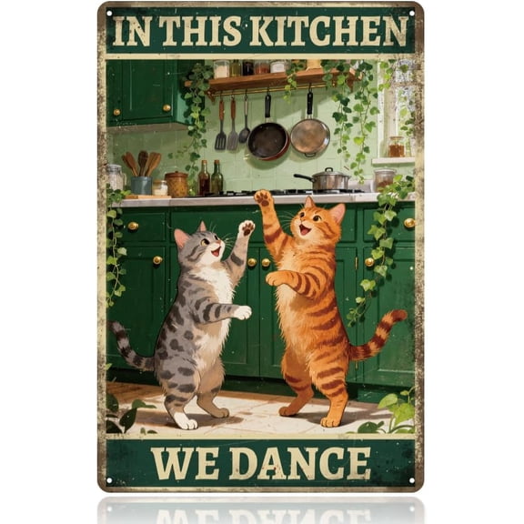Dancing Cat Kitchen Vintage Metal Tin Sign, 7.9x11.8 Inch Cat In This Kitchen We Dance Retro Wall Art Sign Funny Love Cooking Metal Decor Gifts Plaque for Cooking Lovers Home Restaurant Cafe