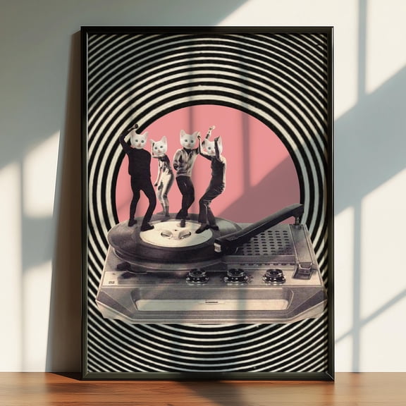 Dancing Cats Poster Retro 70S Surreal Collage , Poster Print Only