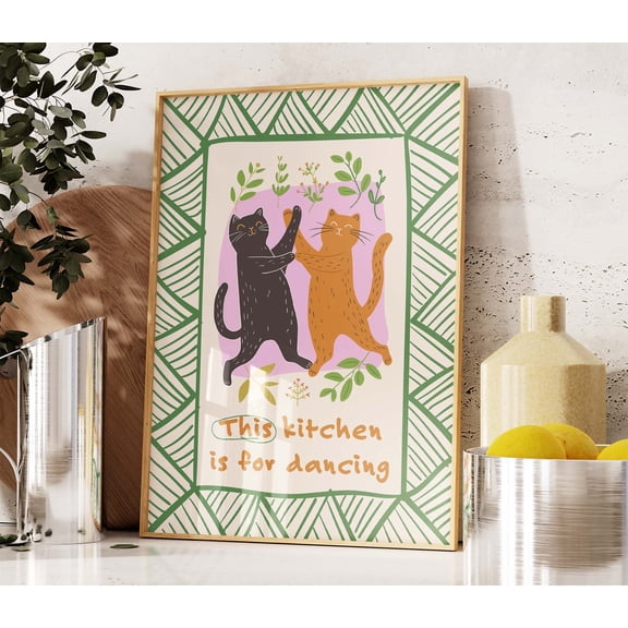 Dancing Cats Print, Black Cat, Orange Cat, This Kitchen is for Dancing Poster, Kitchen Decor, Two Funny Cats, Feline Art, Hand Drawn TR017 , Poster Print Only