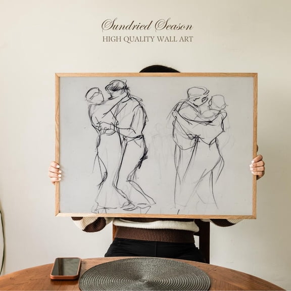 Dancing Couple Charcoal Sketch Expressive Line Drawing Vintage Bedroom Art, Unframed Paper Poster 24x36in