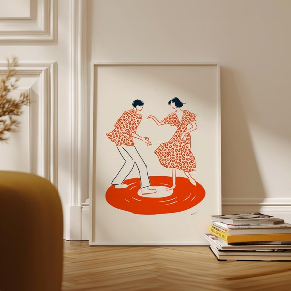 Dancing Couple Poster in Minimal Line Illustration Style with Red Tones