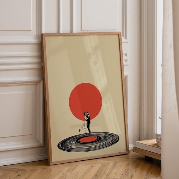 Dancing Couple Vinyl Record Retro Music Wall Art Romantic Dance Minimalist Red Sun Artwork Vintage Player Decor, Unframed Poster