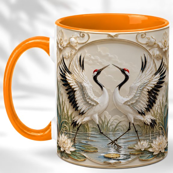 Dancing Cranes Coffee Mug, Wetland Bird Mug, Ceramic 11 oz